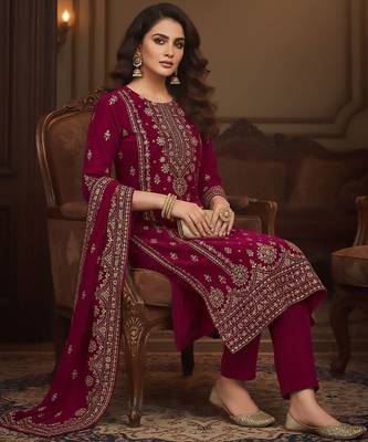 Women Ethnic Motifs Printed Regular Velvet Kurta with Trousers & With Dupatta 2