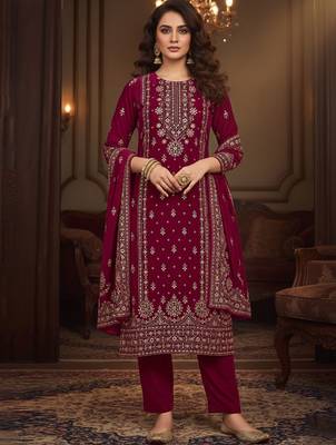 Women Ethnic Motifs Printed Regular Velvet Kurta with Trousers & With Dupatta 1