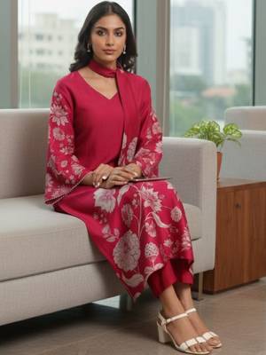 Women Floral Printed Regular Chanderi Silk Kurta with Trousers & With Dupatta 2