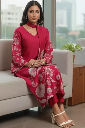 Women Floral Printed Regular Chanderi Silk Kurta with Trousers & With Dupatta