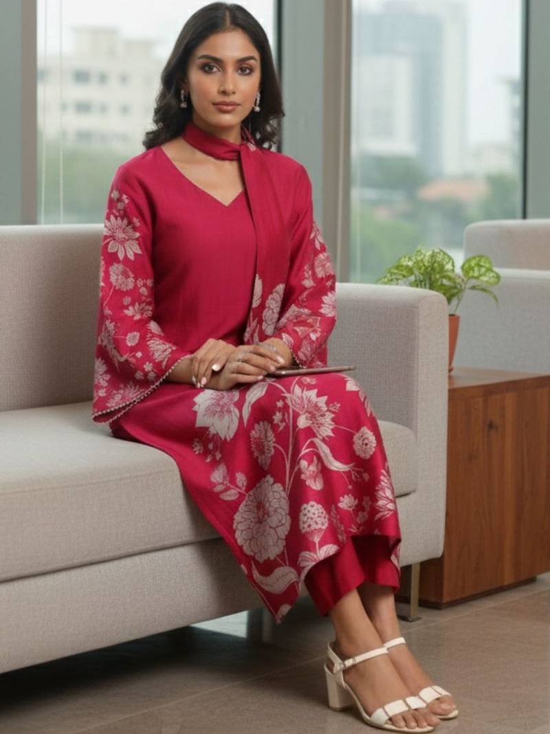 Women Floral Printed Regular Chanderi Silk Kurta with Trousers & With Dupatta
