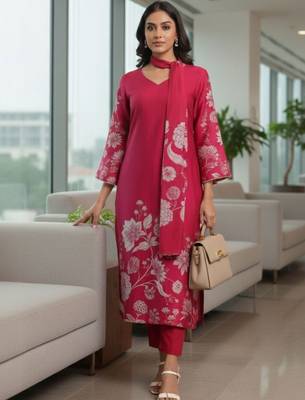 Women Floral Printed Regular Chanderi Silk Kurta with Trousers & With Dupatta 3