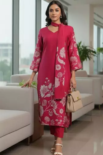 Women Floral Printed Regular Chanderi Silk Kurta with Trousers & With Dupatta