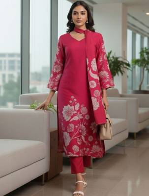 Women Floral Printed Regular Chanderi Silk Kurta with Trousers & With Dupatta 1