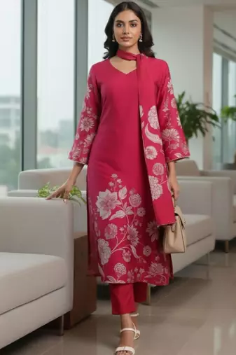 Women Floral Printed Regular Chanderi Silk Kurta with Trousers & With Dupatta