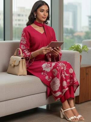 Women Floral Printed Regular Chanderi Silk Kurta with Trousers & With Dupatta 4