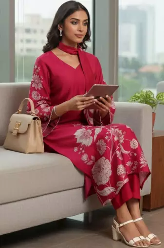 Women Floral Printed Regular Chanderi Silk Kurta with Trousers & With Dupatta