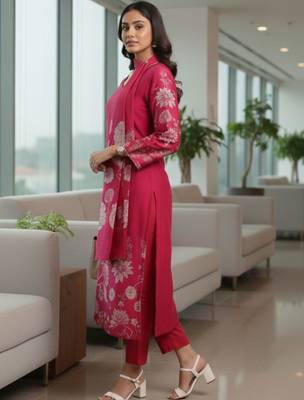 Women Floral Printed Regular Chanderi Silk Kurta with Trousers & With Dupatta 5