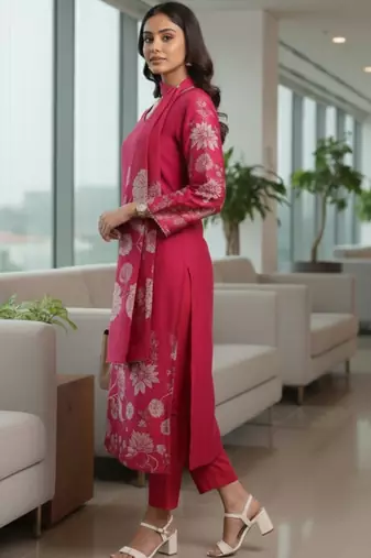Women Floral Printed Regular Chanderi Silk Kurta with Trousers & With Dupatta