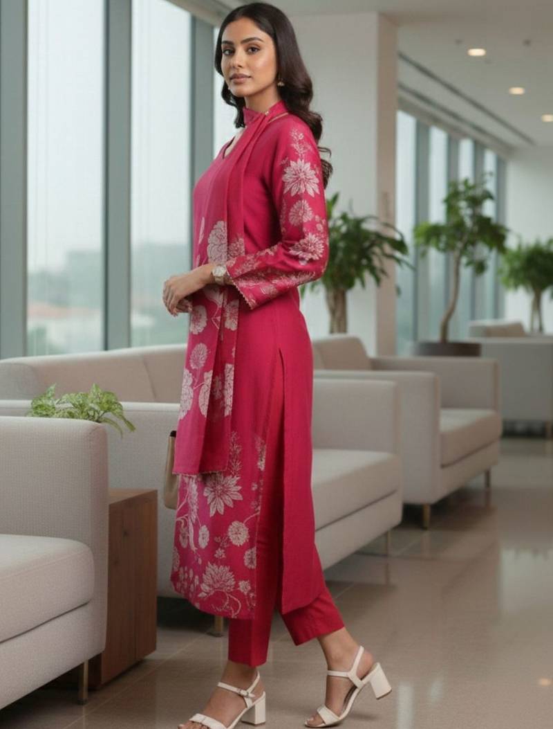 Women Floral Printed Regular Chanderi Silk Kurta with Trousers & With Dupatta