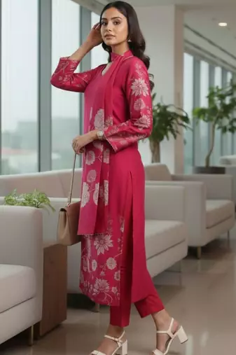 Women Floral Printed Regular Chanderi Silk Kurta with Trousers & With Dupatta