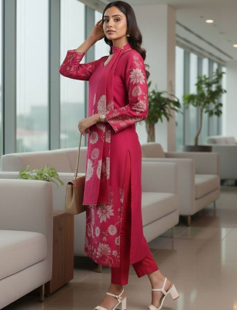 Women Floral Printed Regular Chanderi Silk Kurta with Trousers & With Dupatta