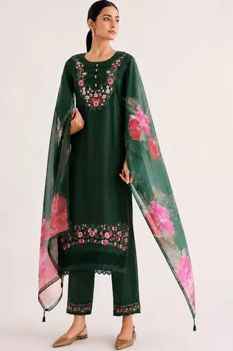 Women Floral Embroidered Regular Thread Work Pure Cotton Kurta with Trousers & With Dupatta