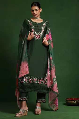 Women Floral Embroidered Regular Thread Work Pure Cotton Kurta with Trousers & With Dupatta