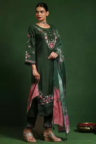Women Floral Embroidered Regular Thread Work Pure Cotton Kurta with Trousers & With Dupatta