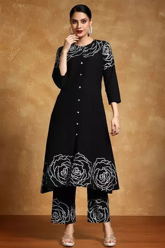 Floral Printed Mandarin Collar A-Line Pure Cotton Kurta With Trousers