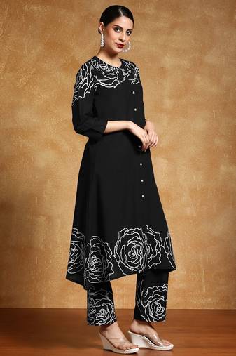 Floral Printed Mandarin Collar A-Line  Cotton Kurta With Trousers