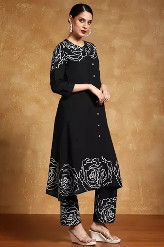 Floral Printed Mandarin Collar A-Line Pure Cotton Kurta With Trousers