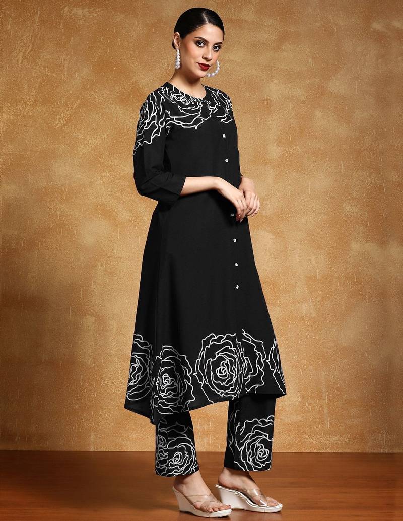 Floral Printed Mandarin Collar A-Line Pure Cotton Kurta With Trousers