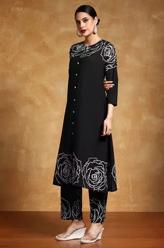 Floral Printed Mandarin Collar A-Line Pure Cotton Kurta With Trousers