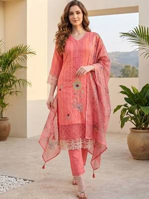 Women Ethnic Motifs Regular Thread Work  Cotton Kurta with Trousers & With Dupatta 1