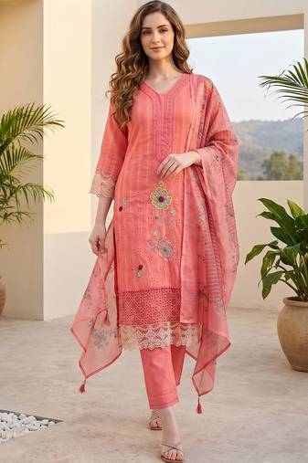 Women Ethnic Motifs Regular Thread Work  Cotton Kurta with Trousers & With Dupatta