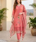 Women Ethnic Motifs Regular Thread Work  Cotton Kurta with Trousers & With Dupatta