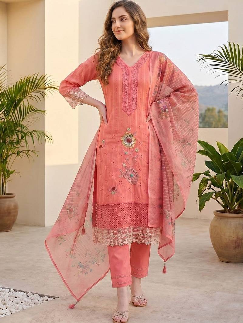 Women Ethnic Motifs Regular Thread Work  Cotton Kurta with Trousers & With Dupatta