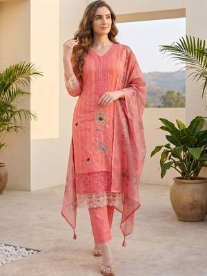 Women Ethnic Motifs Regular Thread Work  Cotton Kurta with Trousers & With Dupatta 5