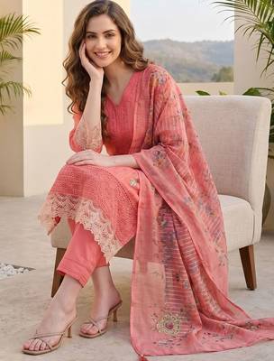 Women Ethnic Motifs Regular Thread Work  Cotton Kurta with Trousers & With Dupatta 6