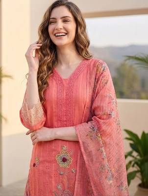 Women Ethnic Motifs Regular Thread Work  Cotton Kurta with Trousers & With Dupatta 7