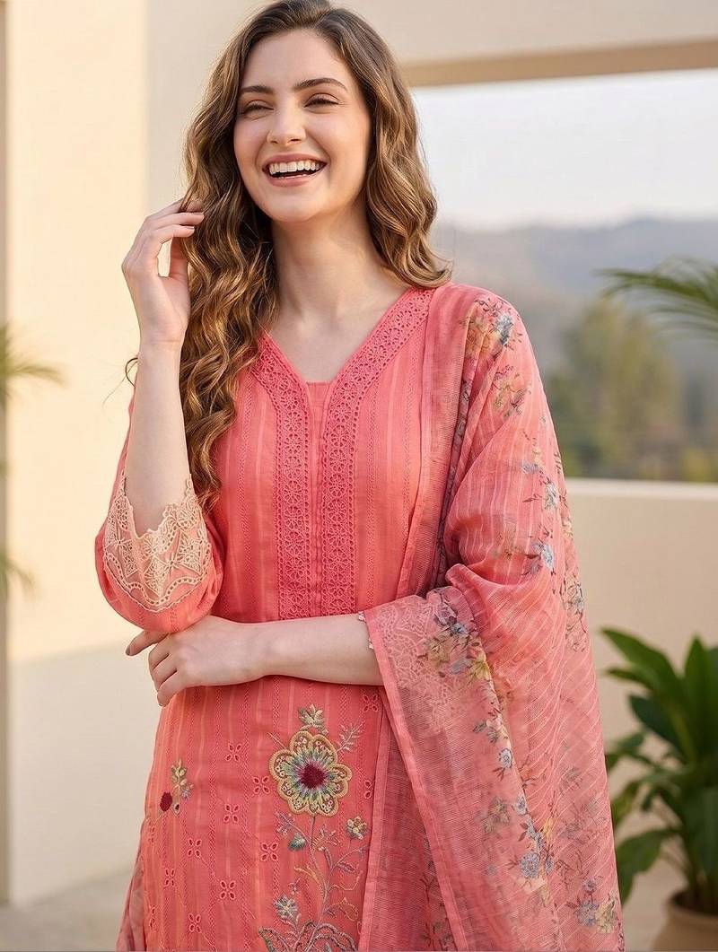 Women Ethnic Motifs Regular Thread Work  Cotton Kurta with Trousers & With Dupatta