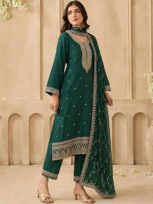 Floral Embroidered Thread Work Kurta With Trousers & Dupatta 1