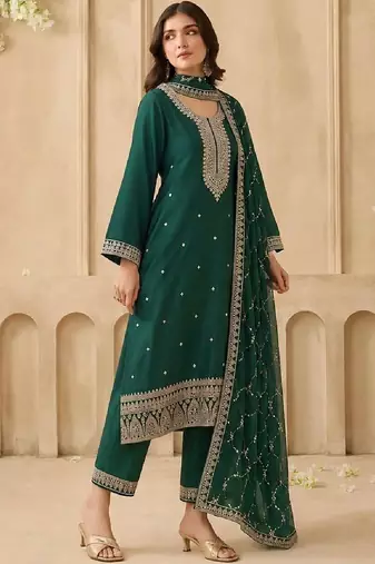 Floral Embroidered Thread Work Kurta With Trousers & Dupatta