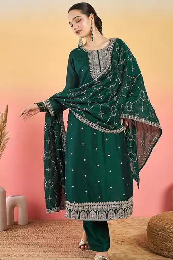 Floral Embroidered Thread Work Kurta With Trousers & Dupatta