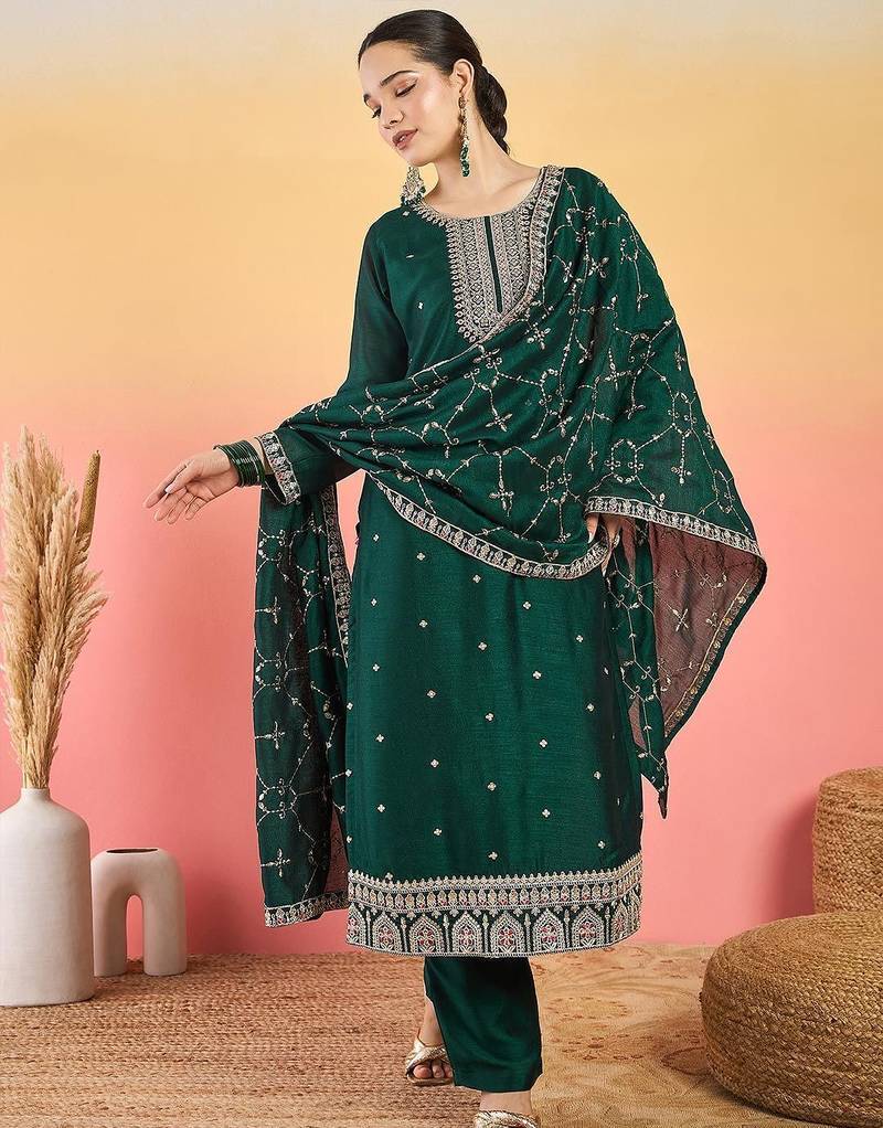 Floral Embroidered Thread Work Kurta With Trousers & Dupatta