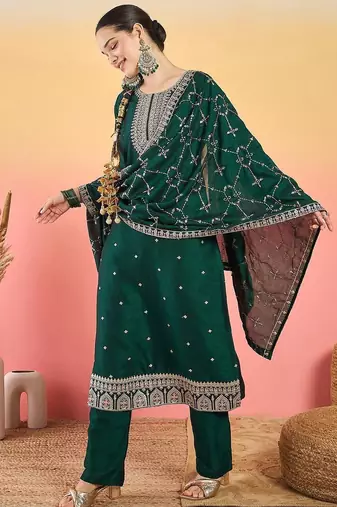 Floral Embroidered Thread Work Kurta With Trousers & Dupatta