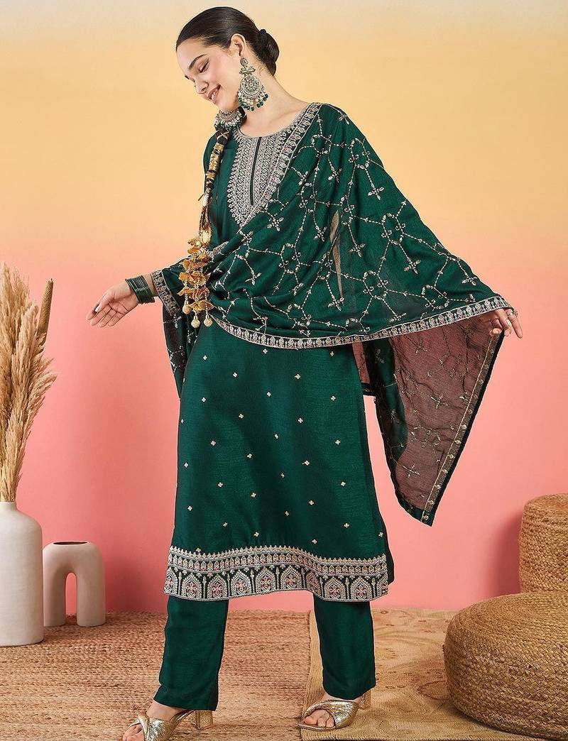 Floral Embroidered Thread Work Kurta With Trousers & Dupatta