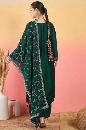 Floral Embroidered Thread Work Kurta With Trousers & Dupatta