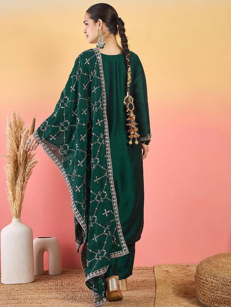 Floral Embroidered Thread Work Kurta With Trousers & Dupatta
