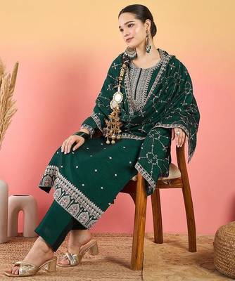 Floral Embroidered Thread Work Kurta With Trousers & Dupatta 6