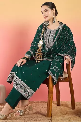 Floral Embroidered Thread Work Kurta With Trousers & Dupatta