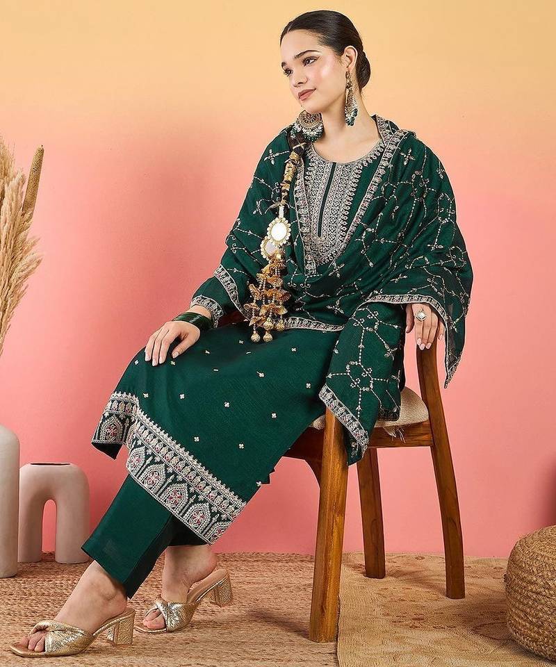 Floral Embroidered Thread Work Kurta With Trousers & Dupatta