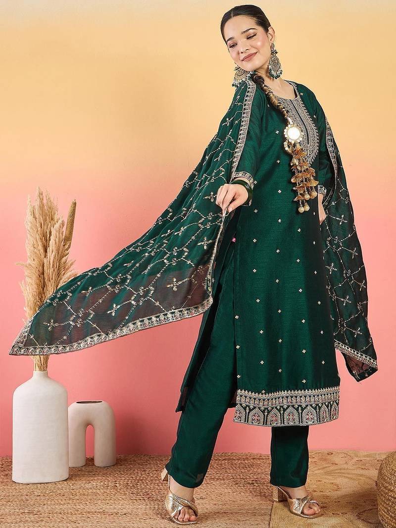 Floral Embroidered Thread Work Kurta With Trousers & Dupatta