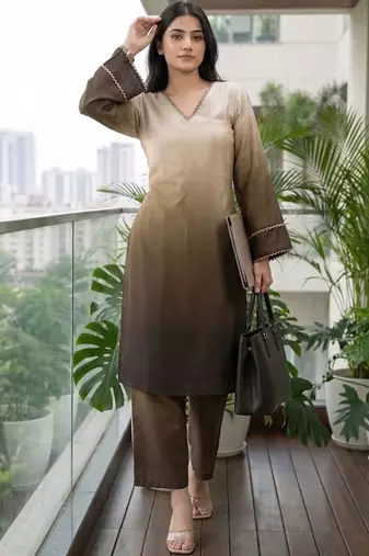 Women Ombre Dyed Regular Thread Work Kurta with Trousers