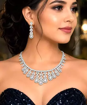 Pear Cut CZ Bridal Necklace Set, Silver Crystal Wedding Jewelry, Teardrop Cubic Zirconia Prom 1