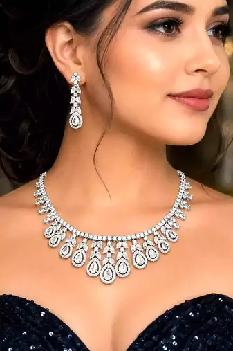 Pear Cut CZ Bridal Necklace Set, Silver Crystal Wedding Jewelry, Teardrop Cubic Zirconia Prom