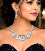 Pear Cut CZ Bridal Necklace Set, Silver Crystal Wedding Jewelry, Teardrop Cubic Zirconia Prom