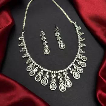 Pear Cut CZ Bridal Necklace Set, Silver Crystal Wedding Jewelry, Teardrop Cubic Zirconia Prom 2
