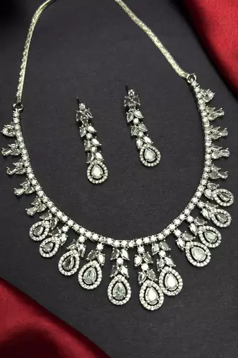 Pear Cut CZ Bridal Necklace Set, Silver Crystal Wedding Jewelry, Teardrop Cubic Zirconia Prom